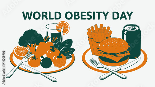 World Obesity Day Concept with Healthy and Unhealthy Food vector illustration