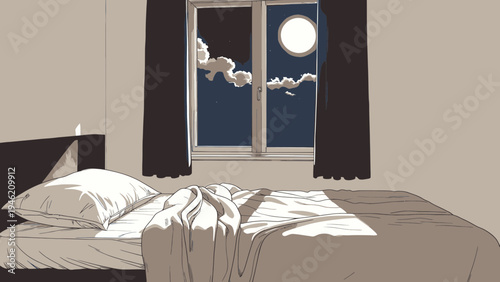 Bedroom with View of Moon Through Window at Night vector illustration