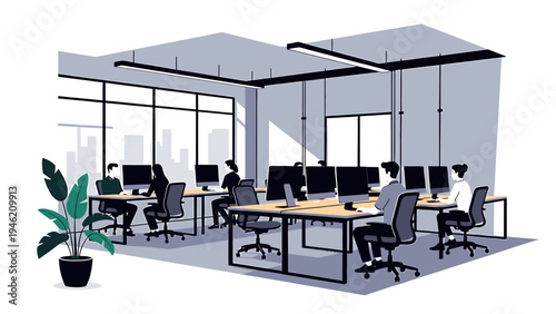 Modern Office Space with Employees Working at Desks vector illustration