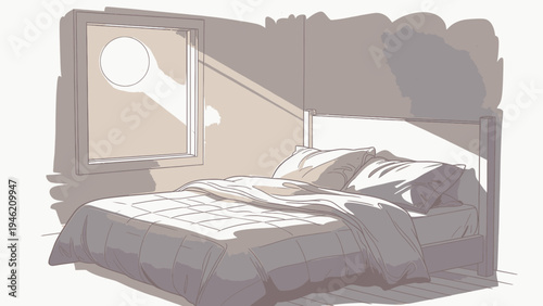 Bedroom Interior with Sunlight Through Window vector illustration