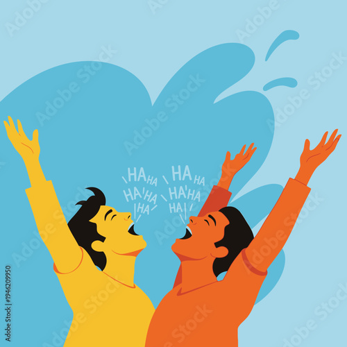 Two men laughing heartily with arms raised, expressing joy and laughter.