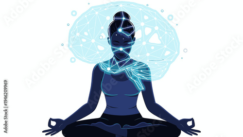 Woman in Meditation Pose with Glowing Brain Network vector illustration