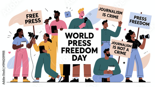 World Press Freedom Day with Diverse Protesters vector illustration