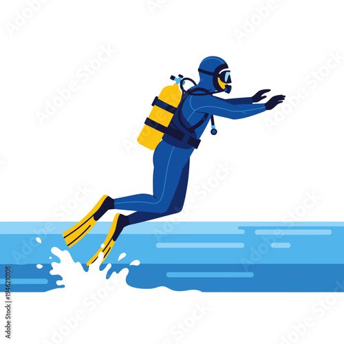 Scuba diver jumping into blue water, active lifestyle, underwater exploration, adventure