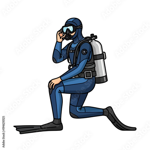 Scuba Diver Kneeling in Blue Wetsuit with Oxygen Tank and Flippers