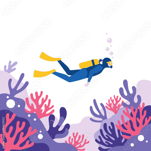 Scuba diver exploring vibrant coral reef, underwater ocean adventure, clear water, marine life