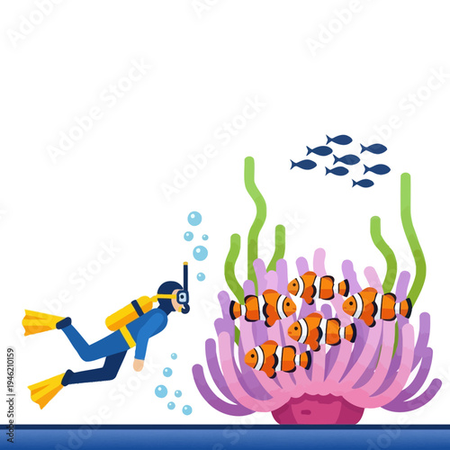 Scuba diver observes clownfish in anemone, underwater scene with small fish school