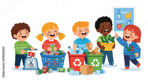 Five diverse children happily engage in recycling activities, sorting cans, bottles, and cardboard into appropriate bins and using a can crusher, promoting environmental awareness.
