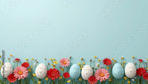 A colorful Easter scene with eggs and flowers on a light blue background