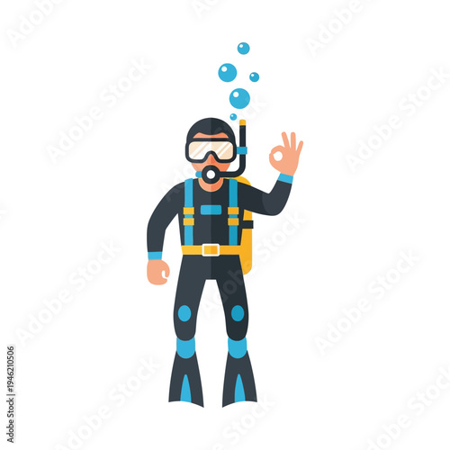 Scuba diver giving ok sign underwater with bubbles, professional diver illustration