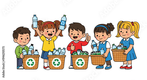 Five diverse cartoon children happily collect plastic bottles and aluminum cans in recycling baskets, promoting environmental responsibility.