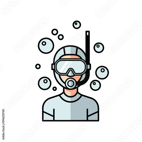 Scuba Diver Icon with Snorkel and Bubbles, Underwater Adventure Symbol