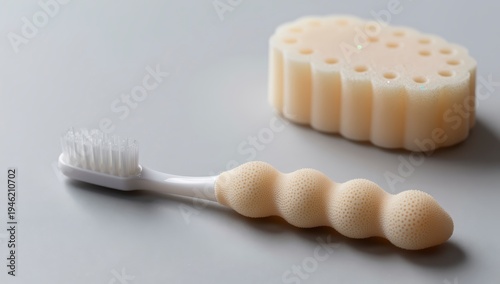 Close up of a white toothbrush with a textured handle next to a ribbed sponge