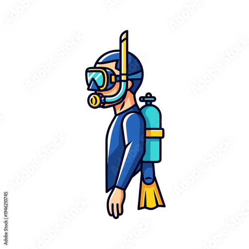 Scuba Diver Icon: Blue Wetsuit, Oxygen Tank, Mask, Snorkel, Flippers - Underwater Adventure