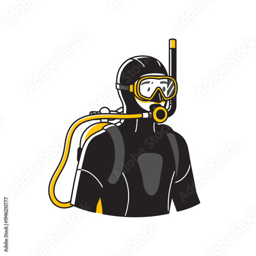 Scuba Diver Illustration: Black Wetsuit, Yellow Gear, Snorkel Mask, Underwater Exploration