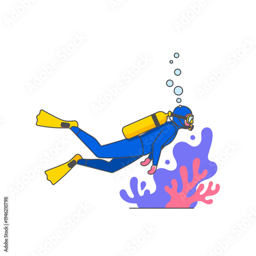 Scuba diver in blue suit swimming near coral reef with bubbles underwater