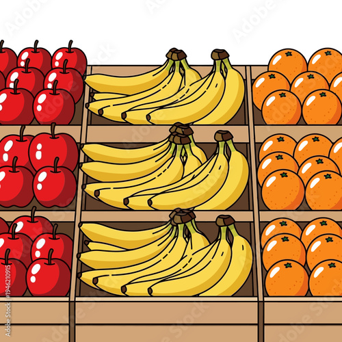 Fresh Bananas, Apples, and Oranges in Wooden Crates at a Market