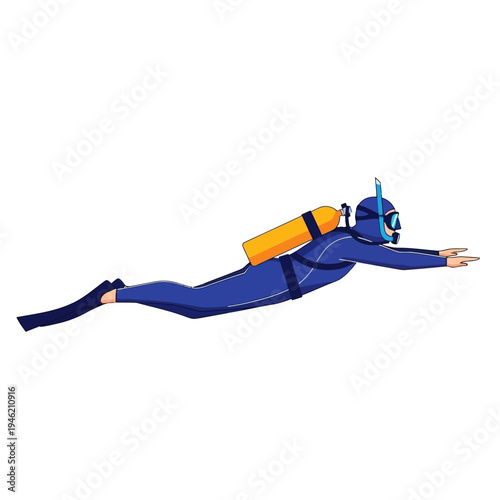 Scuba Diver in Blue Wetsuit Swimming Underwater with Yellow Tank