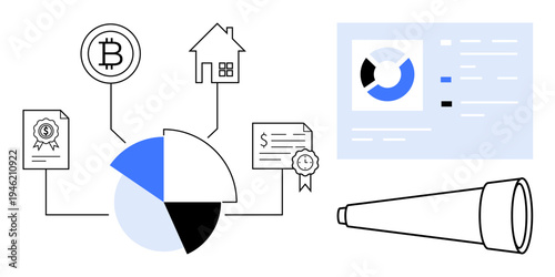 Financial analysis. Financial tools thumbs up cryptocurrency, real estate, and data visualization for investment planning. Financial technology supports smarter investment strategies. For fintech