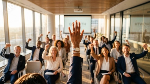 Reaching New Heights: An engaged audience in a modern conference room shows unanimous agreement, their raised hands and enthusiastic expressions embodying unity and shared aspiration.