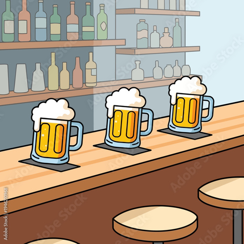 Three frothy beer mugs on a bar counter, with bottles on shelves in the background.