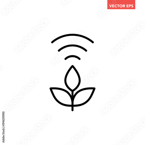 Black single growing plant with a wireless signal line icon, smart agriculture flat design vector pictogram, infographic interface elements for app logo web button ui ux isolated on white background