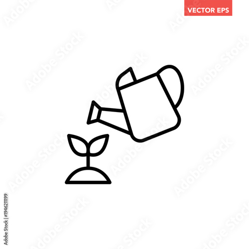 Black single watering plant line icon, simple moistening seedling flat design vector pictogram, infographic interface elements for app logo web button ui ux isolated on white background