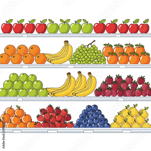 Fresh Fruits Assortment on Shelves: Apples, Oranges, Bananas, Grapes, Strawberries, Blueberries, Lemons