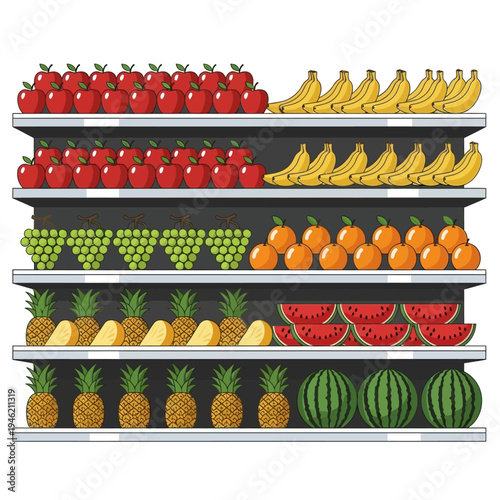 Fresh Fruits Assortment on Supermarket Shelves: Apples, Bananas, Grapes, Oranges, Pineapples, Watermelons