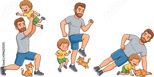 Cute cartoon illustration set of a father spending quality time with his young son and a small pet cat. Scenes show playful family moments such as lifting the child, walking together, exercising, and 
