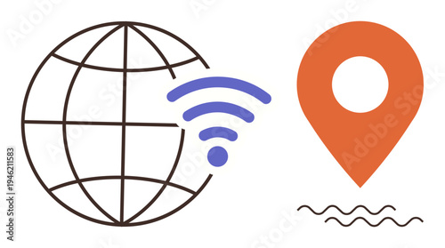 Technology, connectivity, navigation, wireless communication, GPS location, global solutions. Globe with wireless signal and location pin connectivity. Technology and navigation concepts