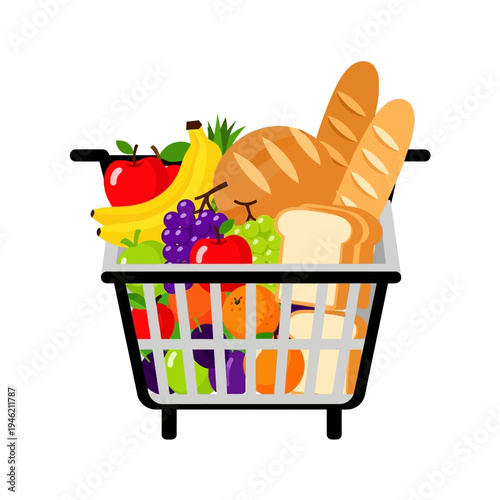 Full grocery shopping cart overflowing with fresh fruits, vegetables, and bread