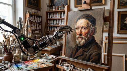 Robotic hand painting oil portrait with pixels