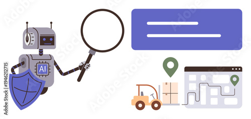 Logistics, supply chain, data analysis, AI security, cybersecurity, technology innovation. Robot with magnifying glass, shield and logistics symbols. AI security and supply chain concepts