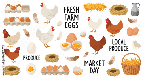 Flat lay illustration of various farm fresh produce and eggs with chickens on a white background.