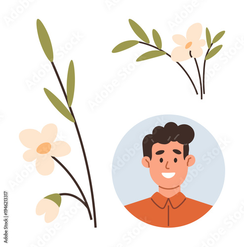 Personal growth, self-expression, lifestyle, positivity, nature, design. Smiling man in circular frame with floral branches. Personal growth and self-expression theme