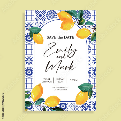 Watercolor lemon branches with blue Sicilian ceramic tile border save the date wedding invitation card template, Mediterranean citrus party stationery