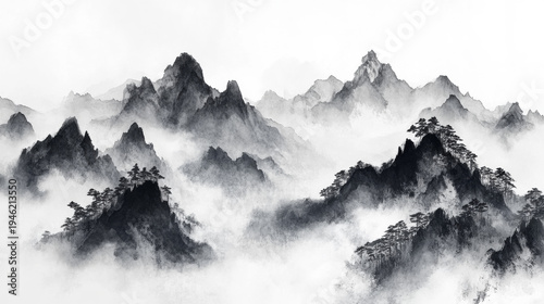 Traditional Chinese ink wash painting featuring majestic misty mountain ranges with detailed pine trees in ethereal fog and swirling clouds for a serene oriental art background