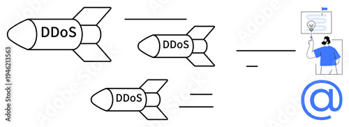 Cybersecurity, DDoS attacks, online threats, data protection, internet security, technical support, IT vulnerability. Missiles labeled DDoS targeting a computer and communication symbol