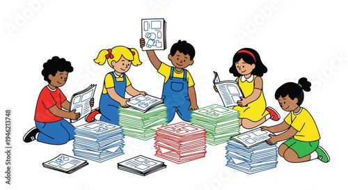 Five diverse children are happily engaged in sorting, reading, and assembling stacks of papers, possibly newspapers or comics, on a white background.