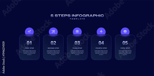 Glassmorphism Infographic Template with Icons and Blur Diagram, 5 Step Vector Workflow Layout for Presentations, Banners, Flowcharts, Business Reports, and UI Design Assets