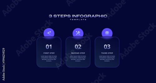Glassmorphism Infographic Template with Icons and Blur Diagram, 3 Step Vector Workflow Layout for Presentations, Banners, Flowcharts, Business Reports, and UI Design Assets in Black and Purple