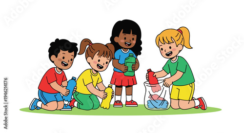 Four diverse children happily sort and collect colorful plastic bottles for recycling on a patch of grass.