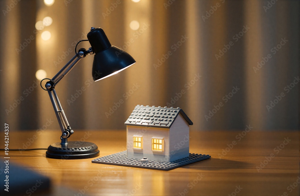 Fototapeta premium Warm desk lamp shines on a cozy house glowing windows hinting at