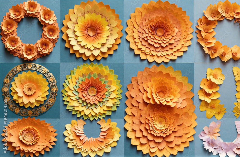 Fototapeta premium Paper flowers in vibrant orange and yellow hues arranged artistically.