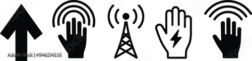 Wireless signal and touch gesture icons set, hand interaction, communication tower, electricity warning, network connectivity symbols, interface illustration