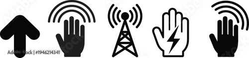 Wireless signal and touch gesture icons set, hand interaction symbols, communication tower, electricity warning, network connectivity interface illustration