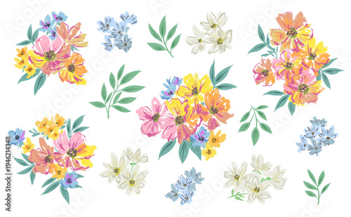 Abstract hand painted pastel style floral clipart set for banner, surface design and greeting card. Wild flower PNG illustrations. 