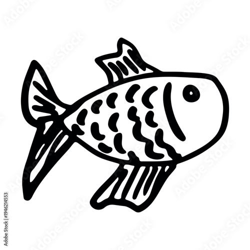 Hand drawn happy funny cute goldfish Adorable friendly kawaii tropical fish Underwater world sea life ocean Fishing seafood For design, kids print, kids books, nursery decor, coloring pages, logo