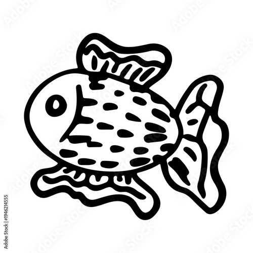 Hand drawn happy funny cute goldfish Adorable friendly kawaii tropical fish Underwater world sea life ocean Fishing seafood For design, kids print, kids books, nursery decor, coloring pages, logo